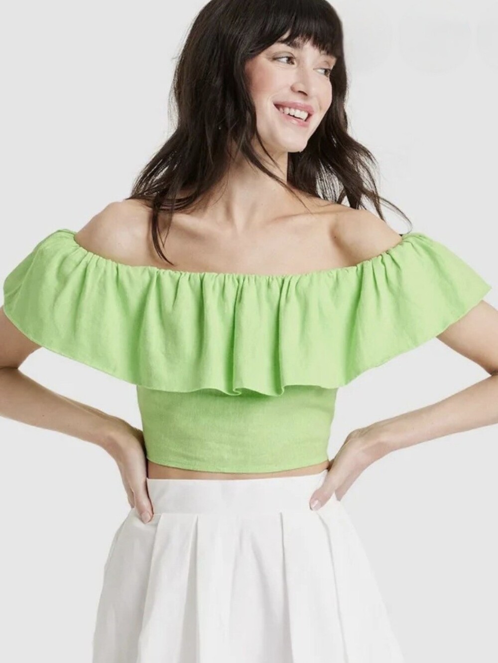 A New Day Ruffle Off the Shoulder Linen Blend Crop Top Lime Green XL
